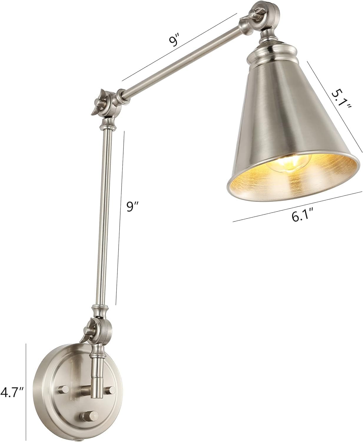 Vintage Industrial Swing Arm Wall Lamp   Adjustable Head, Plug in/Wall Mount   Cord Covers, Brushed Nickel Finish, 2-Pack .Suitable for Living Dining Bedroom (Brushed Nickel)
