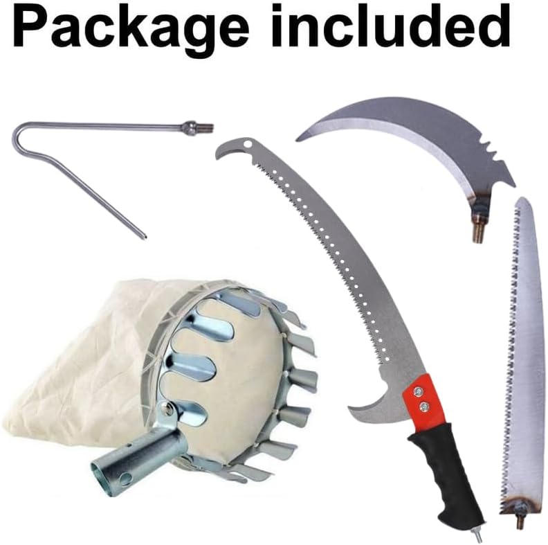 Telescopic Fruit Picker Tool Set - 6-in-1 Stainless Steel Extension Pole with Branch Saw, Fruit Picker Basket & Pruning Head, Adjustable Harvesting Tool for Pear, Peach, Persimmon (Silver, 3m)