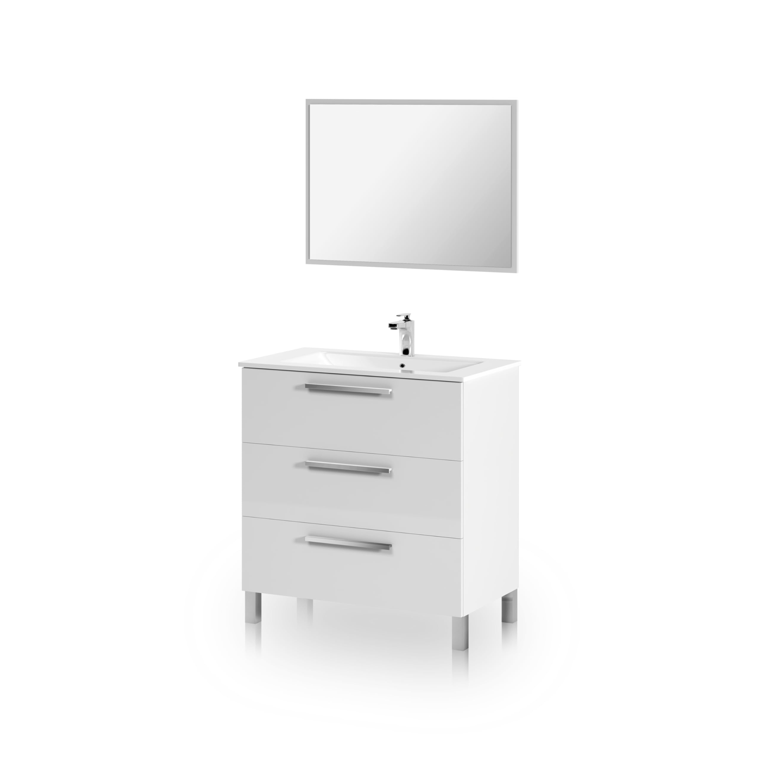duehome | Mueble de Baño con 3 Cajones y Espejo, Modulo Lavabo, Modelo Feel, Acabado en Blanco Brillo, Medidas: 80 cm (Ancho) x 86 cm (Alto) x 45 cm (Fondo)