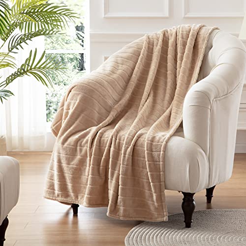 Bertte Plush Throw Blanket Super Soft Fuzzy Warm Blanket | 330 Gsm Lightweight Fluffy Cozy Luxury Decorative Stripe Blanket For Bed Couch - 60"X 80", Light Beige #TOP6