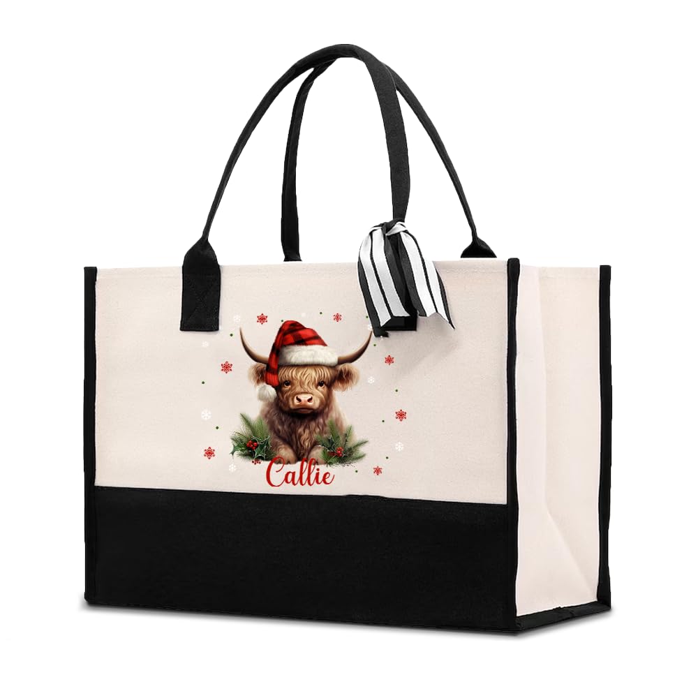 Custom Watercolor Santa Hat Highland Cow Canvas Tote Bag, Large Tote Bags for Women, Personalized Reusable Grocery Bags with Name Ribbon, Black