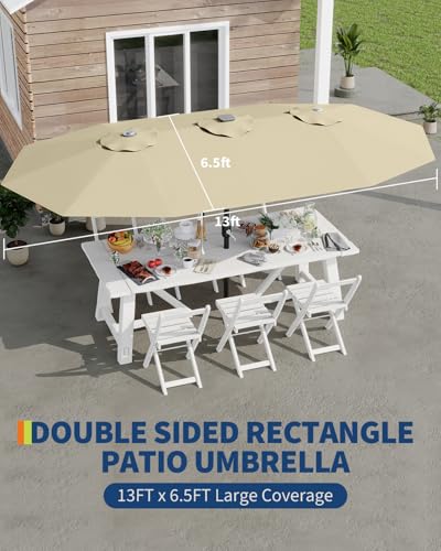 13FT large patio umbrella, Double-Sided outdoor umbrellas with Fade Resistant Canopy for Deck Pool Garden Backyard (Beige, 13FT)