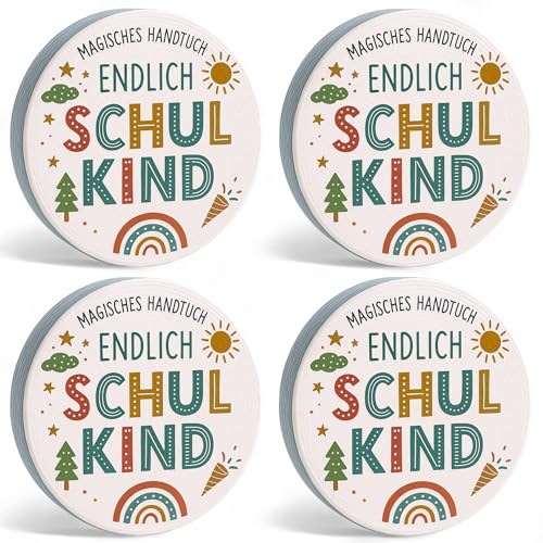 MIJOMA 4er Set Magische Waschlappen Magische Handtücher Zaubertuch Zauberhandtuch - Kinder Mitbringsel Mitgebsel Tombola - 100% Baumwolle, Entfaltet Sich in warmem Wasser (Endlich Schulkind)