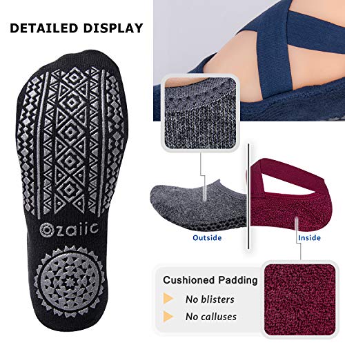 Ozaiic Non Slip Socks for Yoga Pilates Barre Fitness Hospital Socks for Women (4 Pairs - Black/Navy/D.gray/ Burgundy)