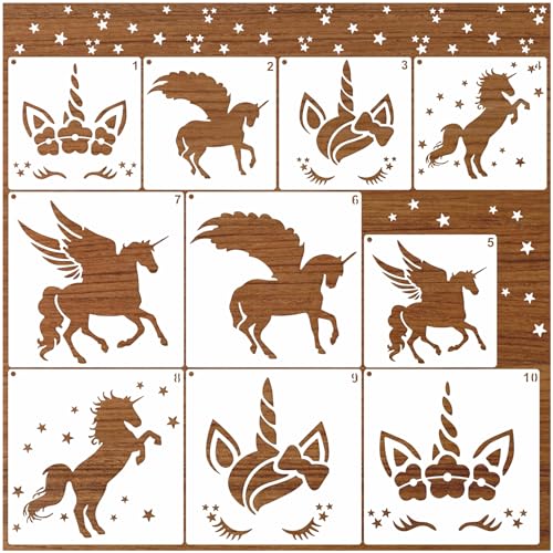 Image of Unicorn Stencils for Painting on Wood Reusable, Christmas Halloween Stencils for Crafts Burning Drawing Art Paint Stencils for Ornament Door Hanger Card Wall Cake Cookie (10 Unicorn)