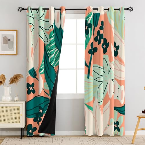Image of Tyrot Coral Botanical Blackout Curtains for Bedroom,52W x 96L,2 Panels | Whimsical Floral, Energy-Saving Thermal Insulation, Light Blocking, Room-Darkening Privacy, Easy Grommet Drapes, Heavyweight
