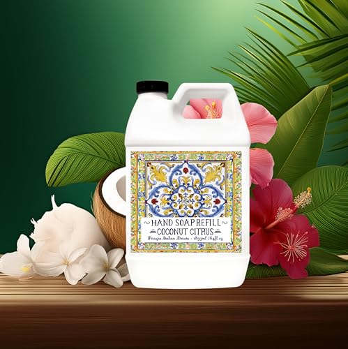 Image of Home & Body Company Perugia Italian Deruta Hand Soap Refill Set, White Jasmine and Coconut Citrus Scents, 64 Fl Oz Bottles, 2-Pack