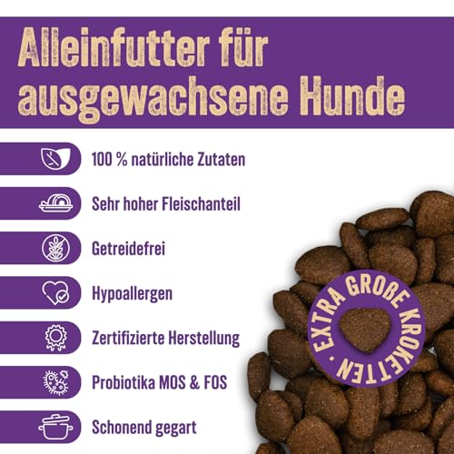 Premium Hundefutter trocken getreidefrei - Alleinfutter mit Landente 2 kg für ausgewachsene Hunde – Ente mit Pastinaken, rote Beete, Orange, Spargel & Kürbis