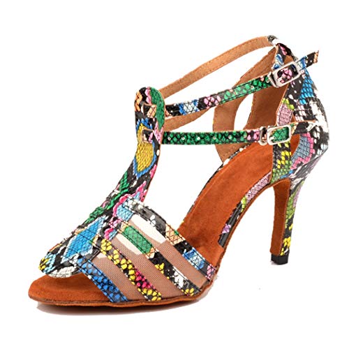 TDA Women's Peep Toe Stiletto Heel Cut-Out T-Strap Blue Snakeskin Synthetic Salsa Tango Latin Modern Dance Shoes 8 M US