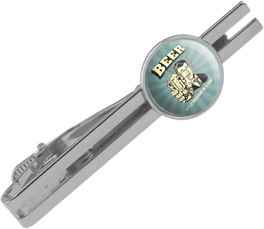 Beer It's a Vacation in a Can Funny Round Tie Bar Clip Silver Color Plated