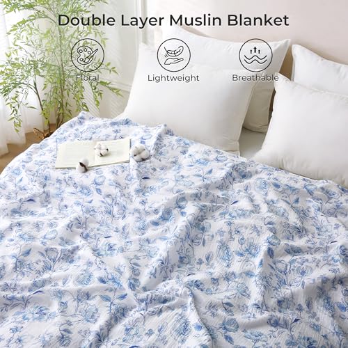 Muslin Blankets for Adults Reversible Throw Fleece & Gauze, Soft Cozy Lightweight Breathable Blue Floral Blanket for Bed Couch, Double Layer Muslin Throw Cover 50"x70" - image 3