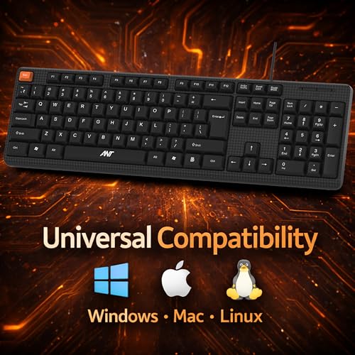 Image of Ant Master 05 Wired USB Keyboard - Full-Size 104 Keys with Numeric Pad | Membrane Silent Typing, 1.3m Cable, Plug & Play | Ergonomic Office & Home Keyboard for PC, Laptop, Mac & Linux - Black
