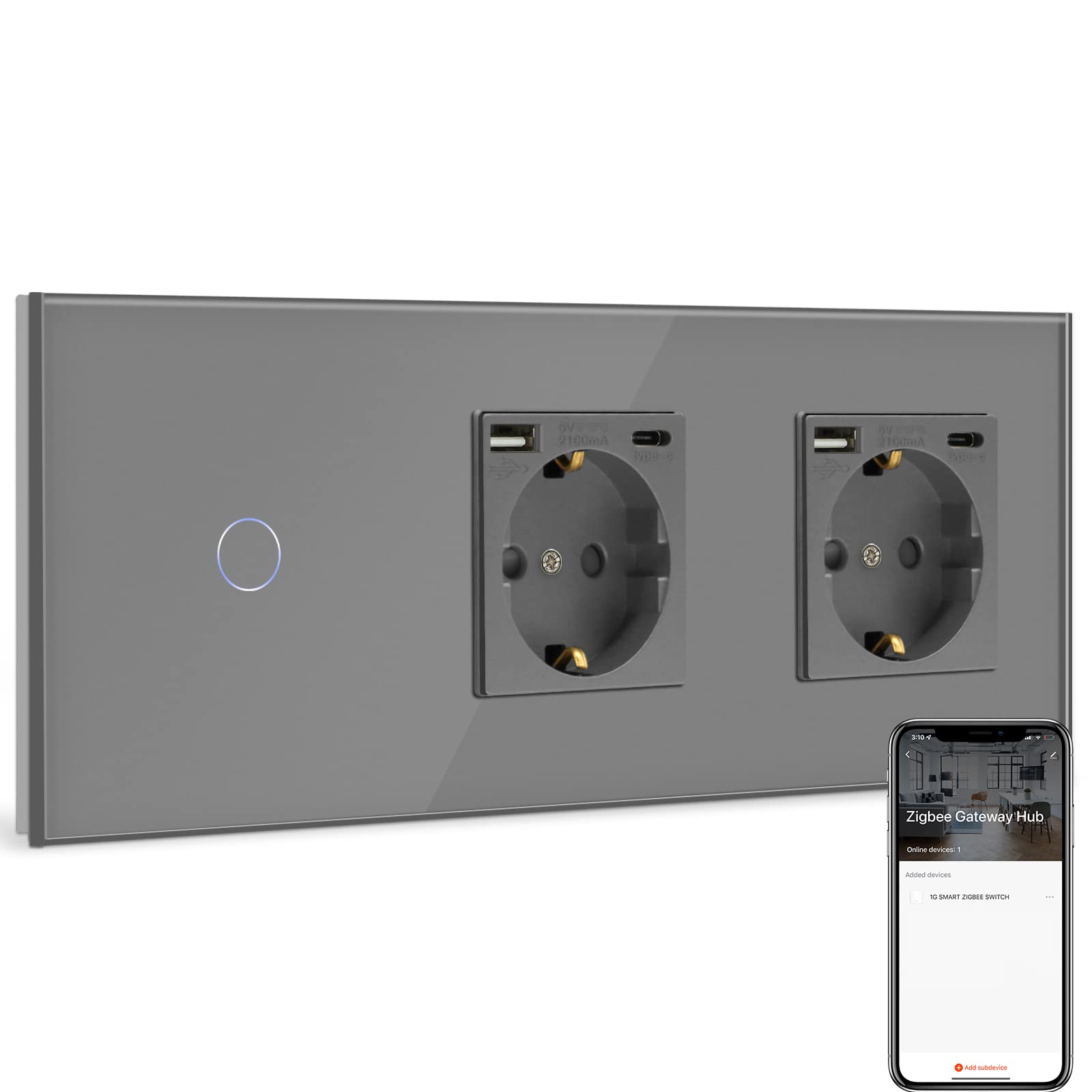 BSEED BSEED Normal Steckdose mit Smart ZigBee Lichtschalter,arbeitet mit Alexa,Google Home, 1 Fach 1 Weg Smart Lichtschalter mit Doppel USB Steckdose (Max. 2.1A) Typ C Port Grau (Tuya Hub erförderlich)