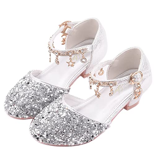 Chulian Little Kids Girls Dress Pumps Glitter Sequins Princess Low Heels Mary Jane Party Dance Shoes Rhinestone Sandals Silver 28 #TOP8