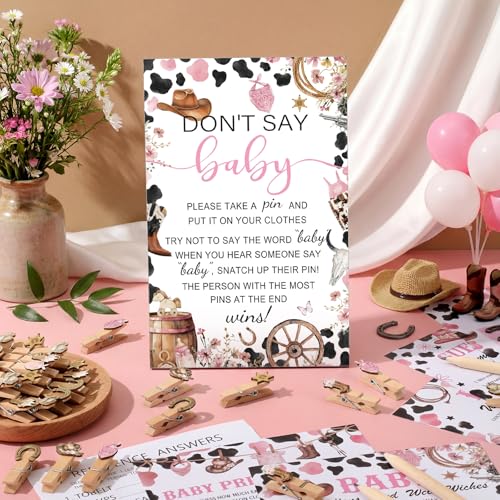 Image of Patelai 321 Pcs Cowgirl Baby Shower 5 Games Set Western Don't Say Baby Shower Decorations 250 Game Card Cow Girl Gender Reveal Party 50 Mini Clothespin 20 Pencils for Pink Western Birthday Decorations