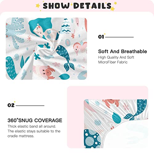 Image of Fitted Crib Sheets Cute Mermaid and Octopus Stretchy Portable Playard Sheets for Baby Toddler, Breathable Soft Mini Crib Mattress 39 x 27 in for Boys and Girls