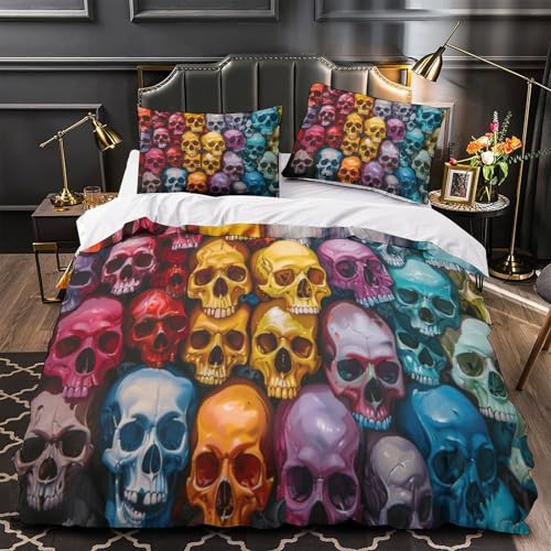 Housse de couette 3D colored skull avec taies d'oreiller lit double microfibre - 2