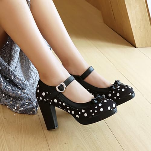 Alyaafifa Chunky High Heel Pumps for Women Platform Ankle Strap Mary Jane Closed Round Toe Polka Dot Dress Shoes with Bow Party Evening Prom Wedding4