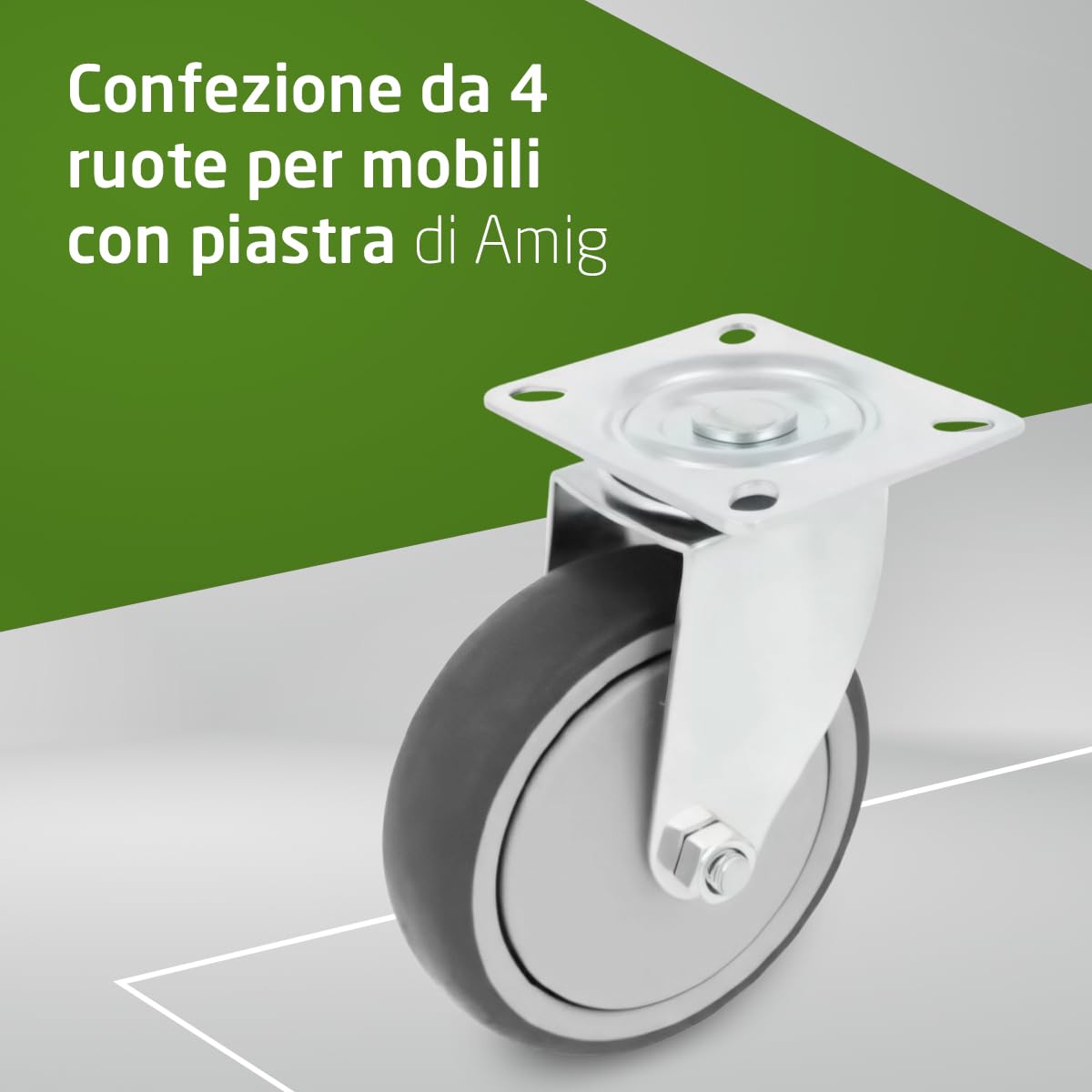Amig - Set 4 Ruote per Mobili | Ø 100 mm | Ruote Girevoli con Piastra di Montaggio | Peso Massimo 110 Kg | Per Spostare Mobili Pesanti | Cuscinetti a Rulli | Nucleo in Plastica | Gomma Grigia