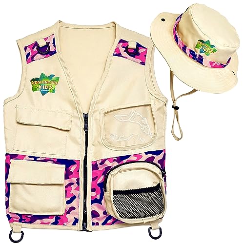 Safari Kidz Outdoor Explorer Kit - Conjunto de chaleco y sombrero de camuflaje rosa, aventuras en la naturaleza, disfraz lavable
