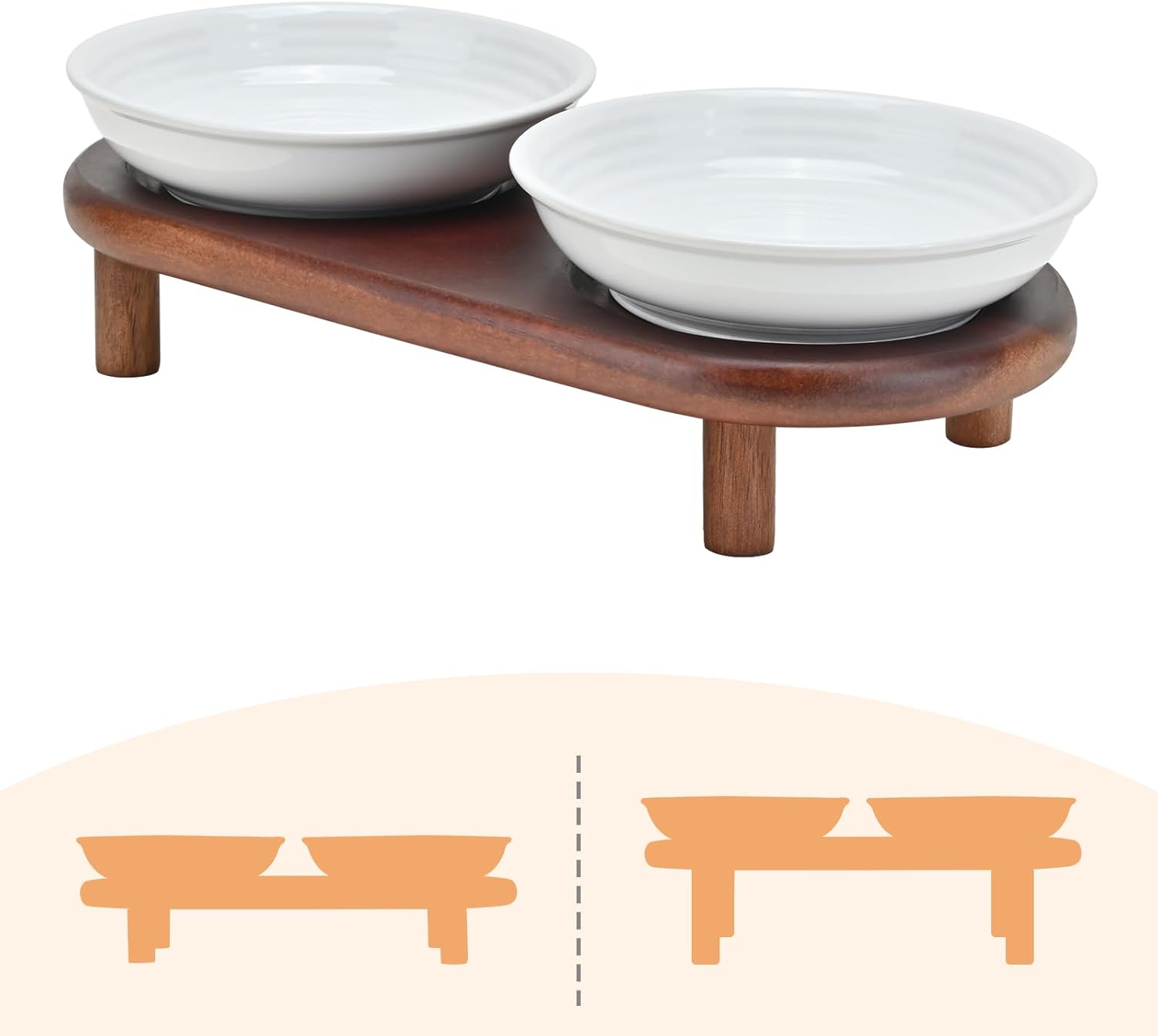 SPUNKYJUNKY Shallow Elevated Cat Bowl with Acacia Wood Stand Wide Raised Ceramic Cat Dishes Whisker Friendly Pet Food and Water Plates (Striped Pattern, White)