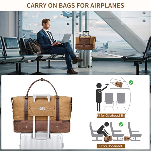 Vintage Duffle Bag for Travel: Weekender Overnight Leather Bag Waterproof Waxed Canvas Duffel Bag with Shoe Compartment & 2 Packing Cubes, Heavy Duty Camping Flight Bags for Mens (Khaki)4