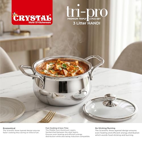 Image of Crystal Trival Triply Stainless Steel Stock Pot | 3 Liters with Glass Lid | Biryani Pot, Handi Shaped /Casserole | Weight-1.7 kg | Induction Friendly | 100% Toxin-Free | Healthy Cooking, Less Oil Use