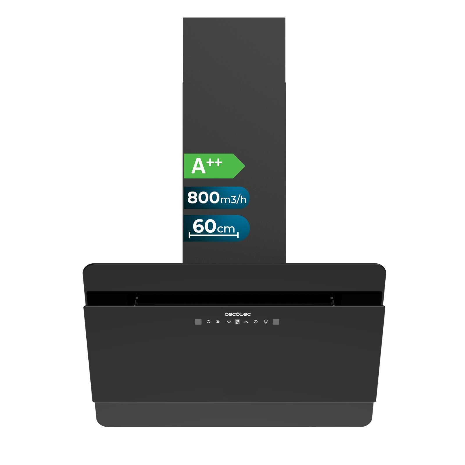 Cecotec Campana Extractora Decorativa 60cm - Bolero Flux DT 608000 Glass Black A++. Motor 210W, Bajo Consumo, Succión 800m3/h, Control Táctil, 3 Niveles + Booster, Hand Movement Control, Vidrio Negro