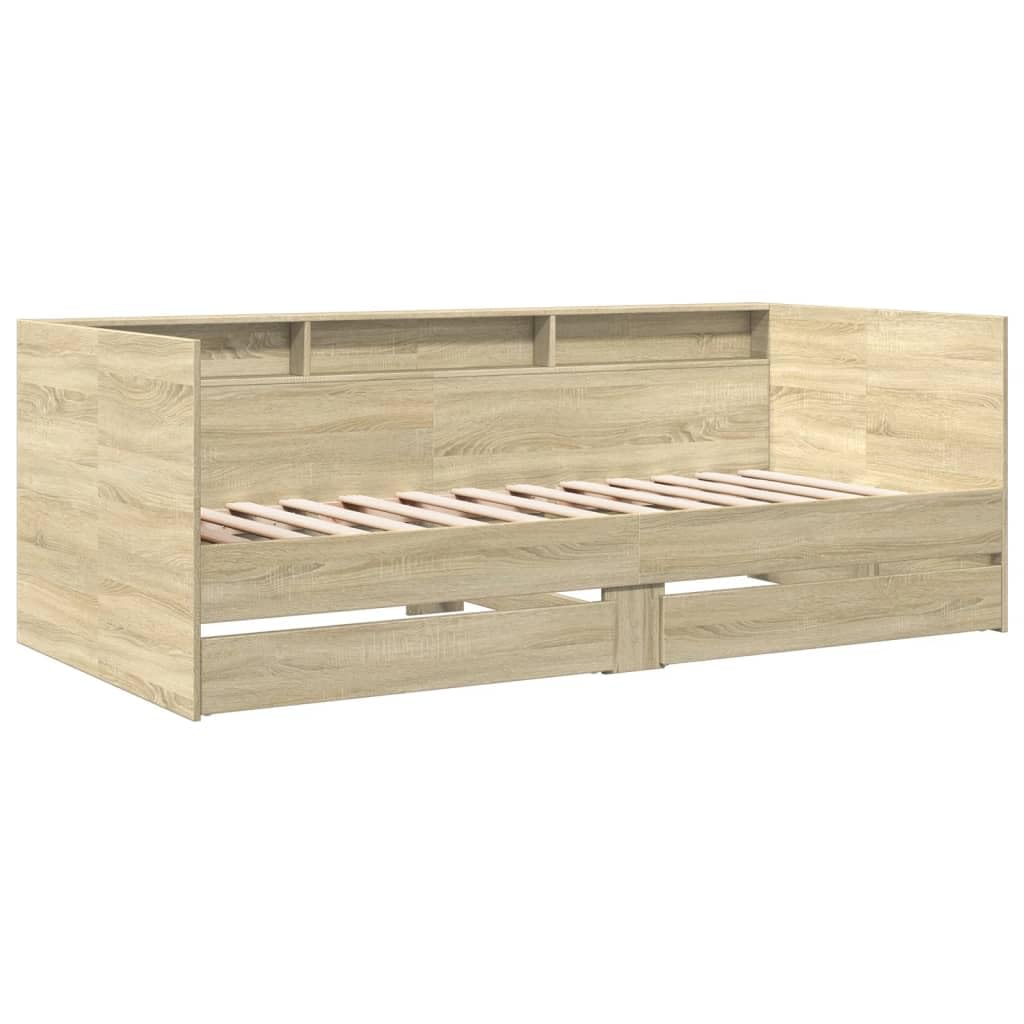 Łóżko dzienne z szufladami bez materaca, dąb Sonoma 90 x 190 cm, uniwersalna sofa do spania z 2 szufladami do przechowywania, wytrzymała sofa dzienna do pokoju gościnnego, pokoju