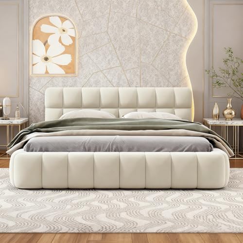 BRYXR Lit double capitonné 140x190, lit Bubble avec sommier à lattes, avec tête de lit rembourrée, lit double élégant, idéal pour les chambres...