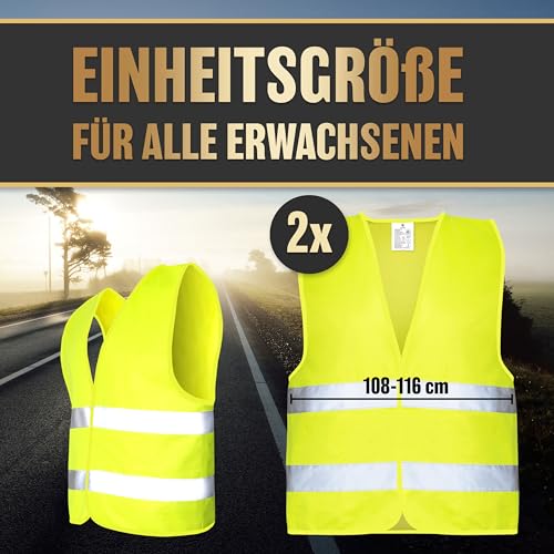 HELDENWERK Auto Warnweste 2er Set für Erwachsene europaweit einsetzbar - Reflektierende Warnwesten 2026 - PKW Sicherheitsweste, Pannenweste, KFZ Weste