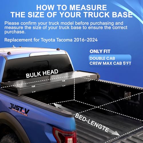 Image of Just-V Hard Tri-Fold Truck Bed Tonneau Cover for Toyota Tacoma 2016-2023 Only Fit Cab CrewMax Cab 5FT Bed, Upgrade Solid FRP Textured Black, Requires Bracket