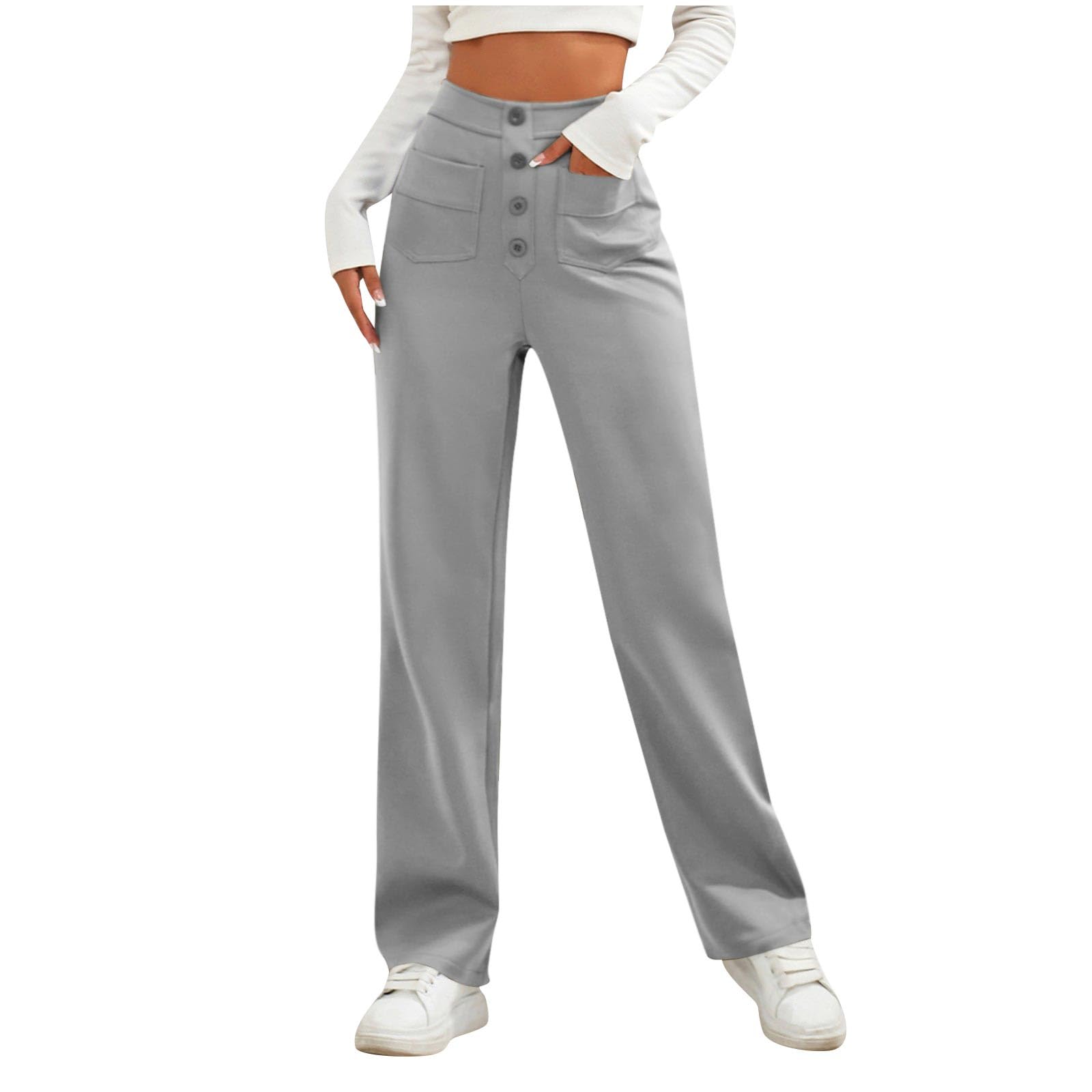 NATHGAM Dress Pants for Women High Waist Button Up Pants Solid Straight Pants Comfort Stretch Slim Fit Trousers
