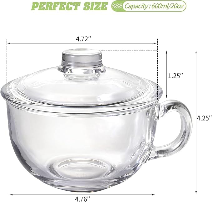 Image of PrimeWorld Glass Cereal Bowl with Handle and Lid - Clear Small Soup, Yogurt, Oatmeal Breakfast Bowl - Microwave Safe Glassware for Dessert, Pasta, Rice - 600ml Capacity-Set of 1pc