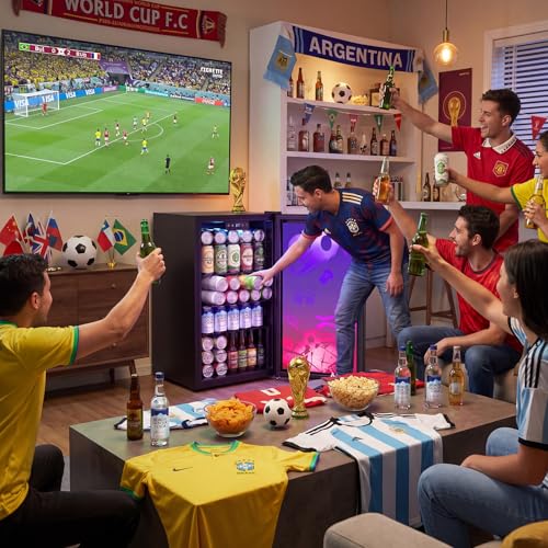 Image of Small Beverage Refrigerator with LED Light Up Door - 128 Can Freestanding Drink Fridge, Mini Beer Cooler with 4 Removable Shelves, Child Safety Lock for Party Bar Gaming Room,World Cup Edition