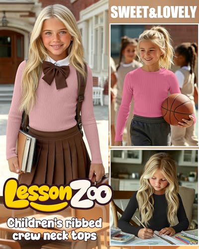Image of 4 Pack Girls Long Sleeve Shirts Ribbed Knit Cotton Crewneck Tops Slim Fit Soft Casual Kids Base Layer Undershirts