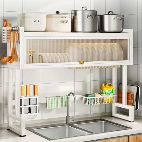 Image of Gvnd Over-The-Sink Dish Drying Rack with Dustproof Flip Cover Door | Multifunctional Adjustable Metal Kitchen Countertop Organizer (MULTI 1)