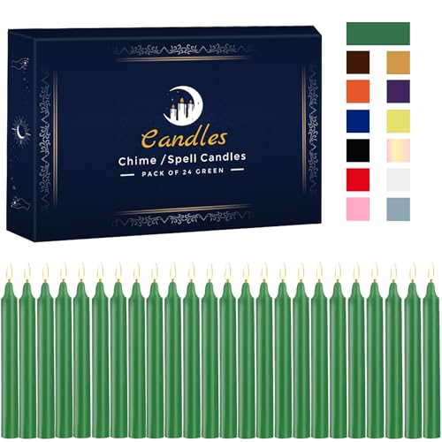 Kunrsug 24 Pack Green Spell Chime Candles – Premium Mini Unscented Taper Candles for Rituals, Prayer, Birthdays, Meditation, Altar, Spells, Chime Candles - 4 Inch Tall - Ideal for Witches
