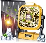 Solar Camping Fan 10400mAh, Solar Powered Fan with Solar Panel, 7W Rechargeable Battery Operated Fan for Outside, LED Lantern, Stepless Speed and Quiet Battery Powered Solar Tent Fan for Picnic,Office