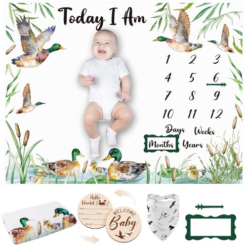 Image of Mallard Duck Monthly Milestone Blanket for Baby Boy Flannel Newborn Infant Swaddle Growth Chart Photography Background with Baby Birth Signs, Felt Frames, Bibs