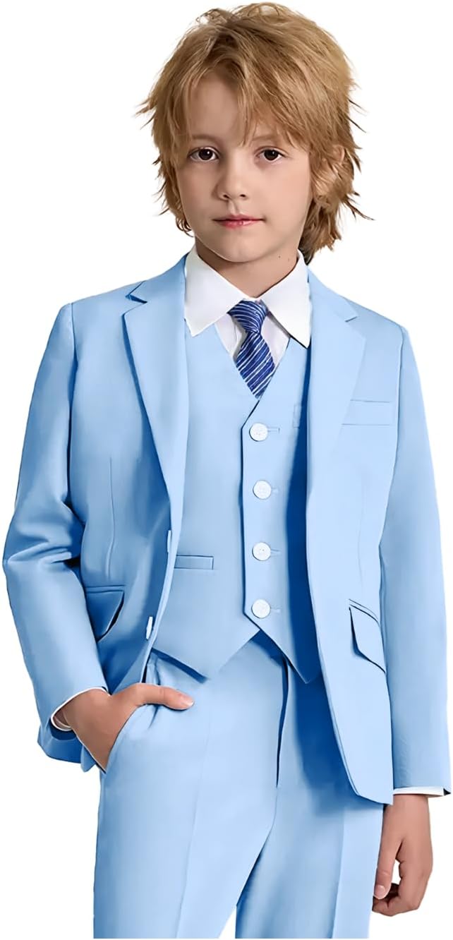 Boys Suits 6 Piece Slim Fit Kids Tuxedo Suit for Toddler Wedding Ring Bearer Outfit for Boy Jacket Vest Pants Shirts with Tie