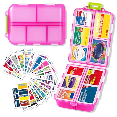 Image of Extra Large Pill Organizer with 161 Medicine Labels, Travel Pill Case | Pink Extra large case with 10 compartments for 7-day pill planning, vitamins, supplements, and travel