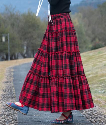 Femiserah Women's Fall Winter Plaid Ruffle Tiered Long Skirt High Elastic Waist Maxi Thicken Tartan Skirt3