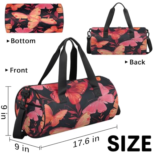 Butterflies Round Barrel Sports Fitness Bag, Black Red Travel Luggage Bag, Reusable Handbag, Suitable For Men and Women3