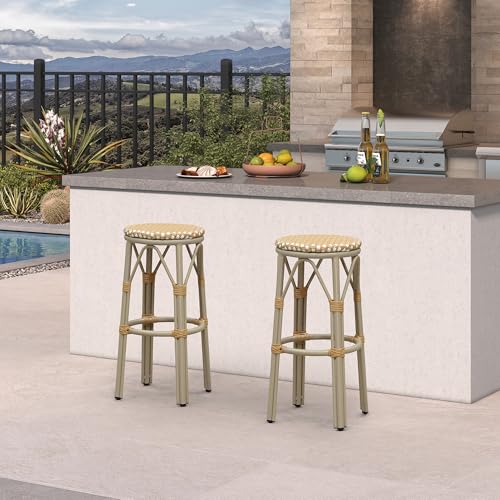 Image of PURPLE LEAF Outdoor Round Bar Height Stool Set of 2 Patio Backless Barstools Aluminum Frame in Champagne Finish with Amber & White Woven Rattan for Indoor Kitchen Dining Bistros Cafe Restaurant