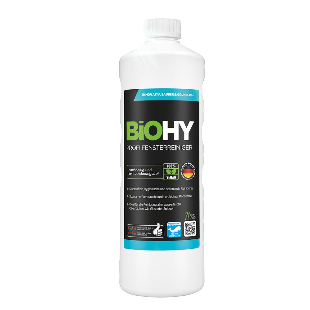 BiOHY Profi Fensterreiniger (1l Flasche) | Glasreiniger Konzentrat | für Fenstersauger geeignet | streifenfreie Reinigung von Glas-, Fenster- & Spiegelflächen | ideal für Haushalt & Auto