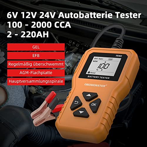 Autobatterie Tester 6V 12V 24V Autobatterietester 100-2000 CCA Spannungstester 2Ah-220Ah Digitaler Analysator,OBDMONSTER Innenwiderstandstester Kfz-Lichtmaschine für Autos/LKW/Motorräder/Boote - Image 3