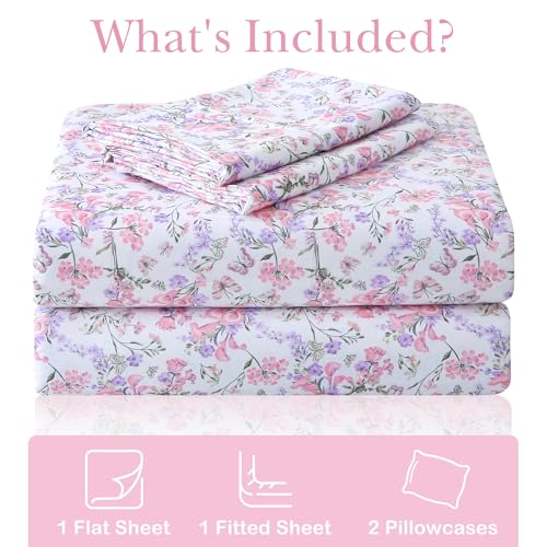 Image of Mooreeke Cozy Vintage Microfiber Printed King Sheet Set - Soft Breathable Percale Cotton Floral Bed Sheets with Deep Pocket - Non-Slip Fitted Design - Pink Purple Flowers Pattern