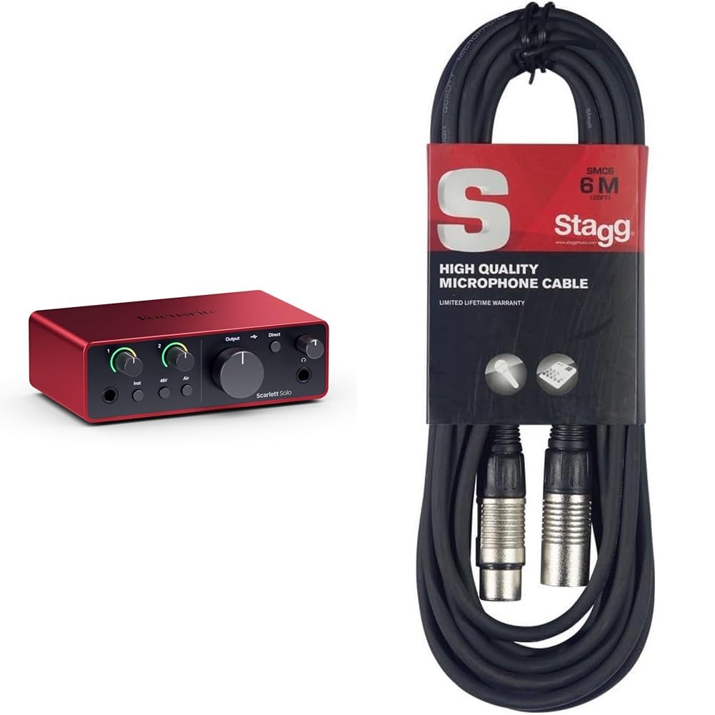 Focusrite Scarlett Solo (4° gen.), interfaccia audio USB per chitarristi, cantanti o produttori & Stagg Cavo da microfono a mixer SMC6 da 6 metri XLR (m) -XLR (f), nero