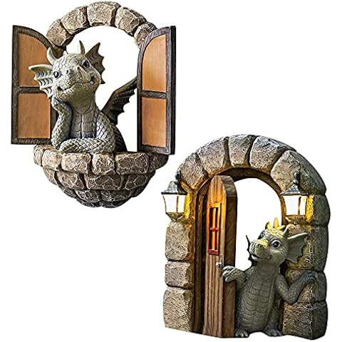 WANGQ 2 PCS Drachen Figuren Garten, Harz Gartenstatuen Schöne Hof Drachenskulptur Cover